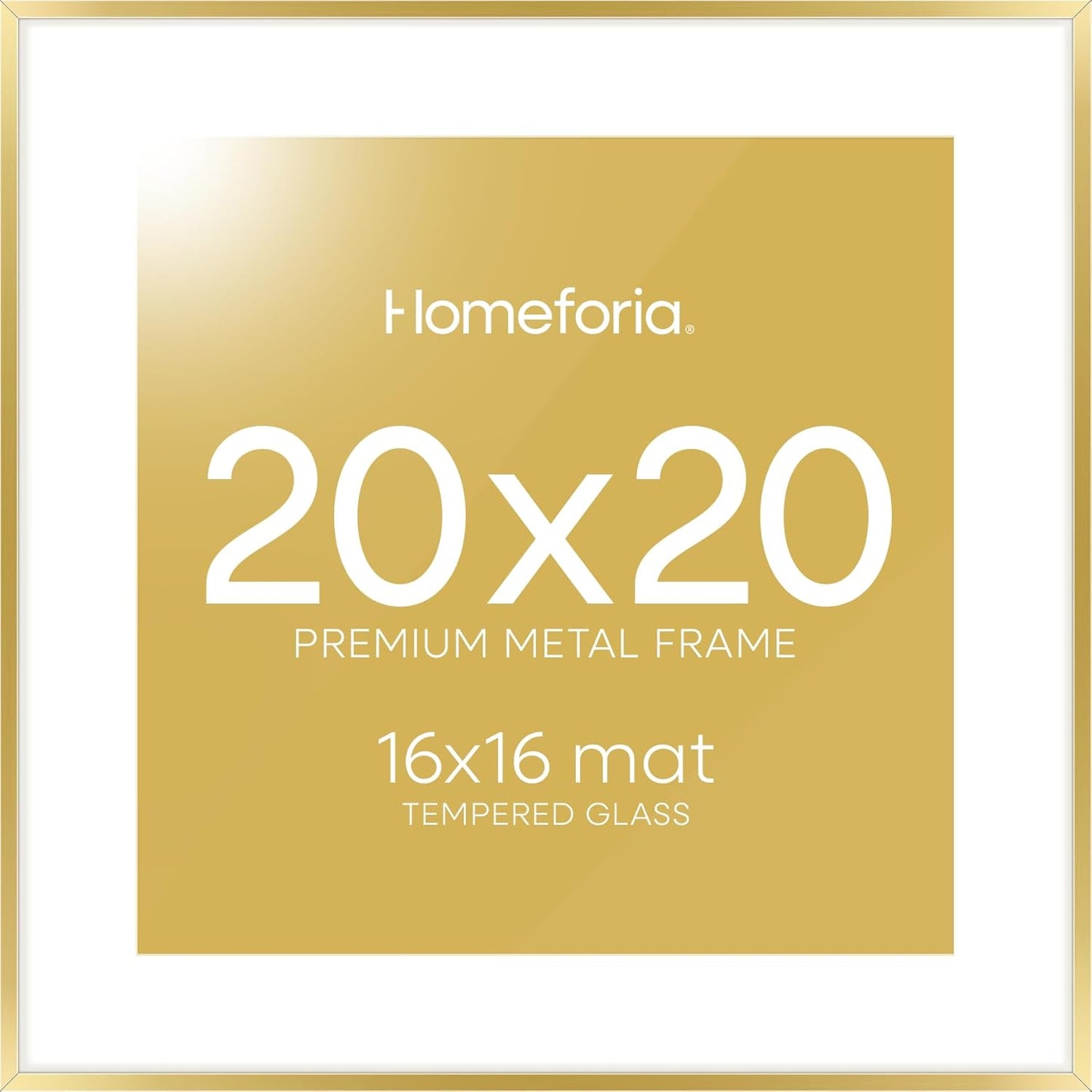 Homeforia 20x20 Picture Frame Gold, High End Metal 20 x 20 Square Poster Frame with Mat 16 x 16 Photo, 20x20 Frame Matted to 16x16 Print, 20by20 Gold Hanging Frames, Tempered Glass, Wall Kit, Set of 1