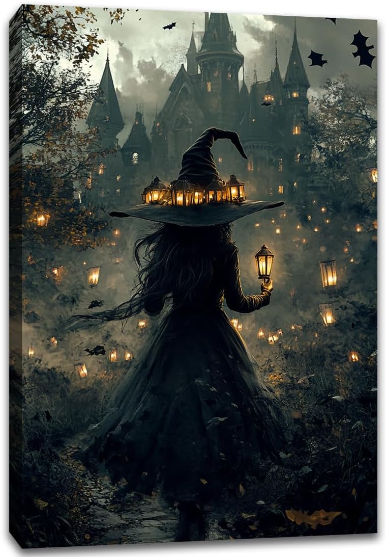 Halloween Witch and Haunted House Canvas Wall Art,Dark Academia Scary Witch Castle Posters Prints,Thriller Horror Gothic Wall Decor Pictures for Halloween Party House Decoration,16"x24" Framed