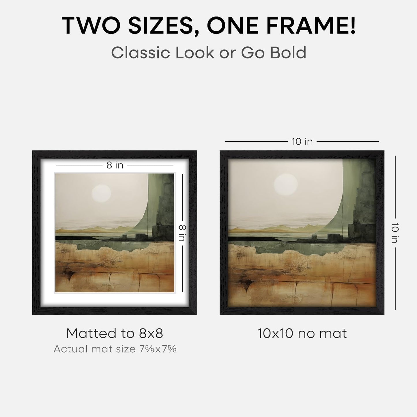 Homeforia 10x10 Picture Frame Black Wood, High-End Oak 10 x 10 Square Frames with Mat 8 by 8 Photo, 10by10 Wooden Frame Matted to 8x8 Print, Wall or Tabletop Frames, Tempered Glass, Wall Kit, Set of 1