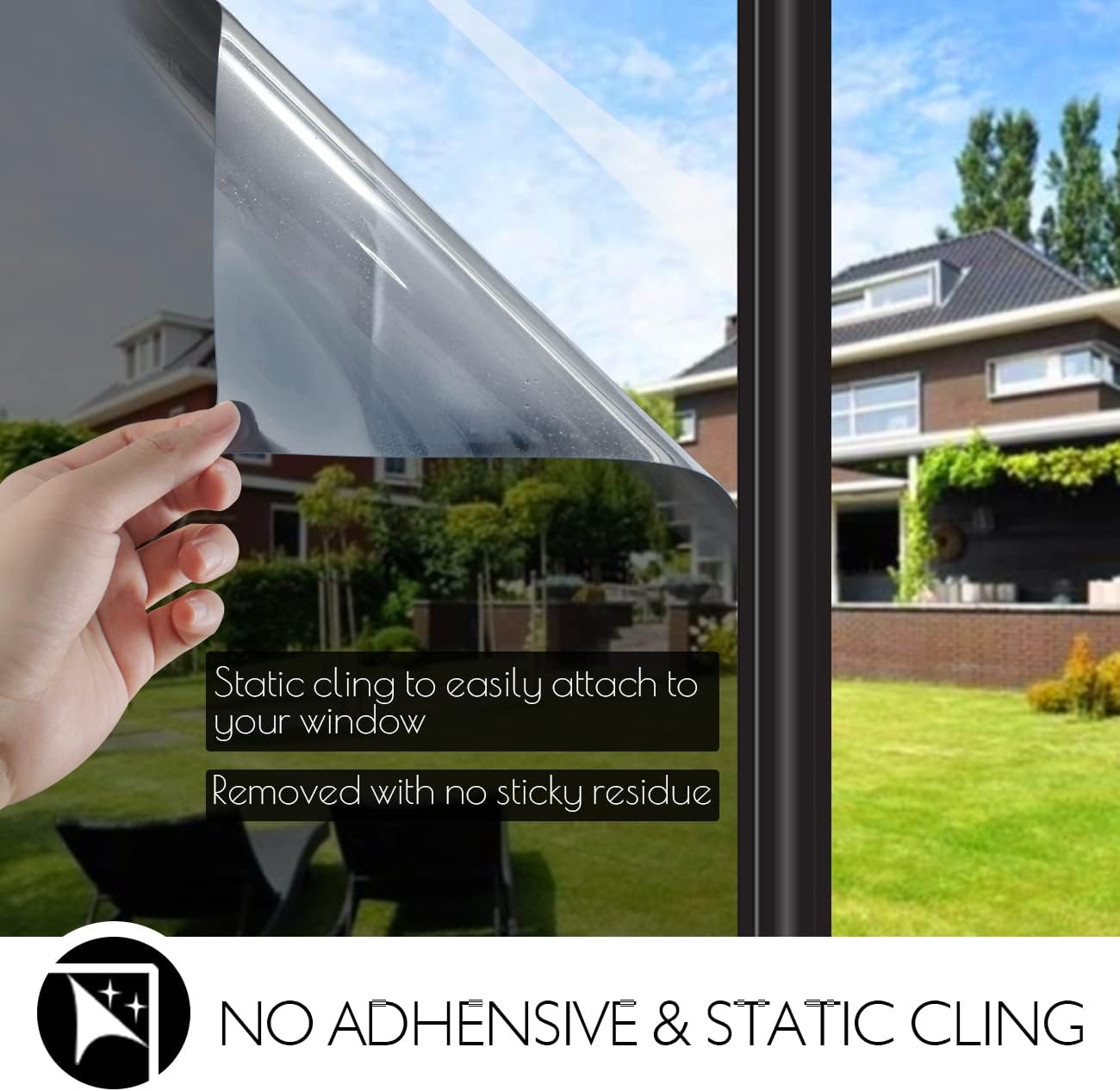 HIDBEA One Way Privacy Window Film, Daytime Mirror Reflective Heat Control UV Sun Blocking Non-Adhesive Static Cling Window Tint for Home and Office (Black-Silver, 17.5 Inch x 13.1 Feet)