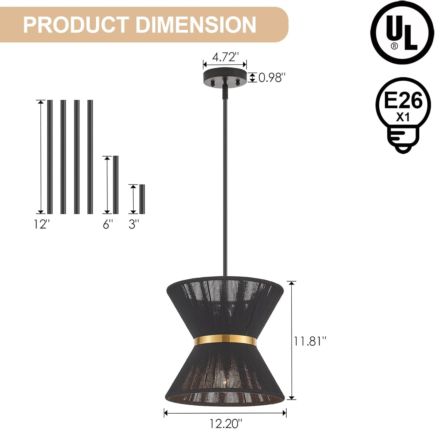 Hand Woven Boho Pendant Light Coastal Mini Modern Chandelier Adjustable Transitional Minimalist Pendant Lighting Fixtures for Kitchen Island Dining Room, Black, Dia 12.2”, UL Listed