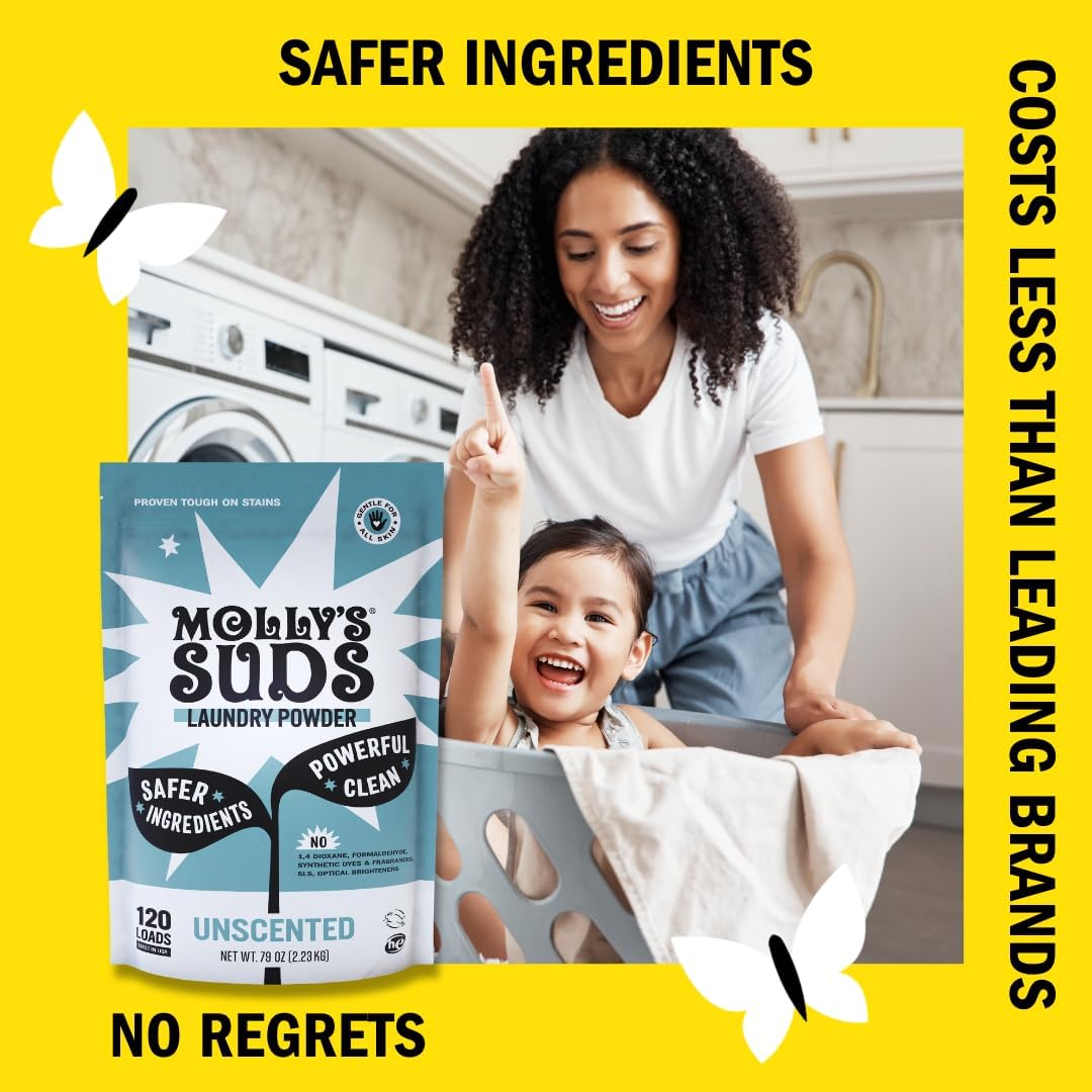Molly's Suds Original Laundry Detergent Powder | Clean Laundry Detergent Powder for Sensitive Skin | Simple, Effective Ingredients, Stain Fighting | 240 Loads (Unscented)
