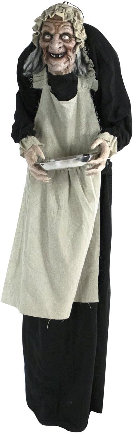 Haunted Hill Farm Life-Size Halloween Animatronic, Scary Talking Zombie Maid with Touch Activated Lights and Sounds, Battery Operated Indoor or Covered Outdoor Halloween Decorations for Home