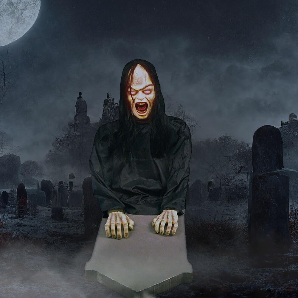 Haunted Hill Farm Resurrection Mary by Tekky, Battery Operated Timer and Sound Activated Jump-Scare Halloween Animatronic for Indoor or Covered Outdoor Creepy Halloween Decorations, Scary Fright Props