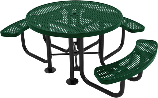 Heavy-Duty Portable Outdoor Picnic Table with Umbrella Hole, Punched Steel Patio Dining Furniture Made in America (46" Round Top, Green)