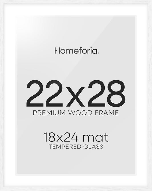 Homeforia 22x28 Poster Frame White, High End Oak 22 x 28 Wood Picture Frame with Mat 18 by 24 for Photo, 22x28 Large Wooden Frame Matted to 18x24, 28x22 Thin Frames, Tempered Glass, Wall Kit, Set of 1