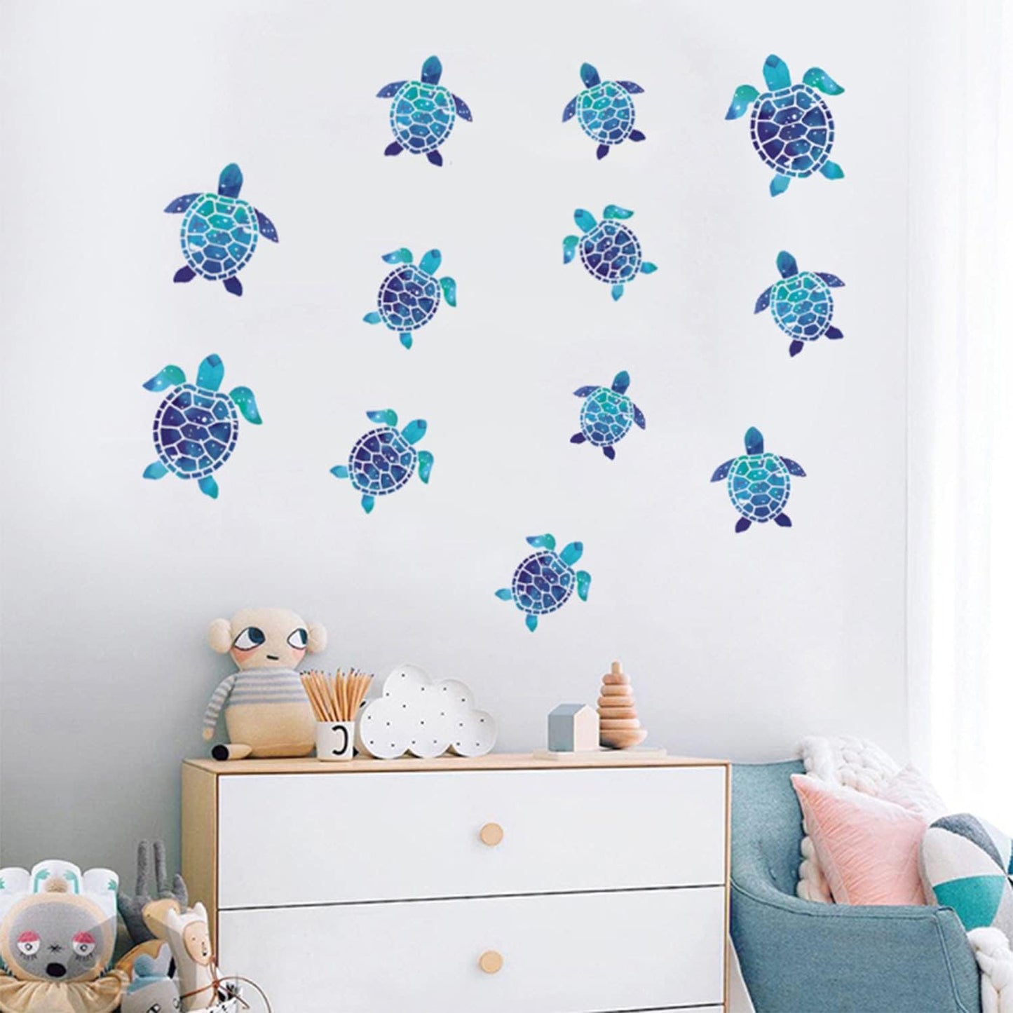 12pcs Sea Turtle Vinyl Stickers Underwater Ocean Decals Waterproof Wall Sticker Home and Bedroom Decoration, DIY Accessories, Blue