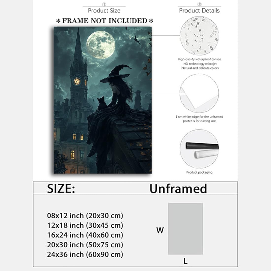 Halloween Witch Black Cat Wall Art,Magical Moon Witch on Roof with Black Cat at Night Scene Painting Haunting Dark Witches Canvas Print for Haunted House Party Decor Poster,20"x30" Unframed