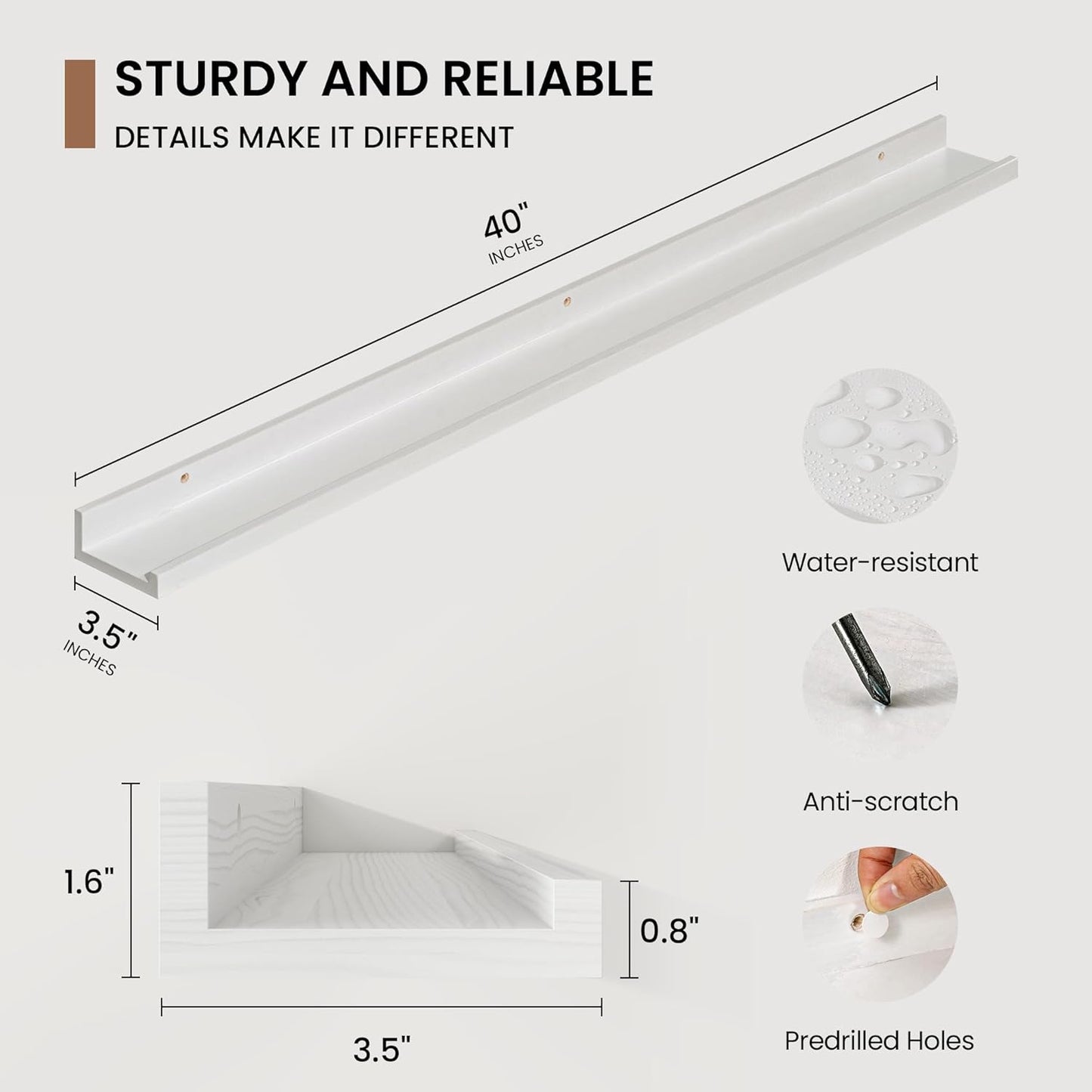 Picture Ledge Shelf, Solid Pine Wood Floating Shelves Set of 2, 40 Inches Nursery Book Shelves for Toys Storage, Kids Bookshelf Wall Mounted for Living Room Bedroom Decor Books Photo Frames, White