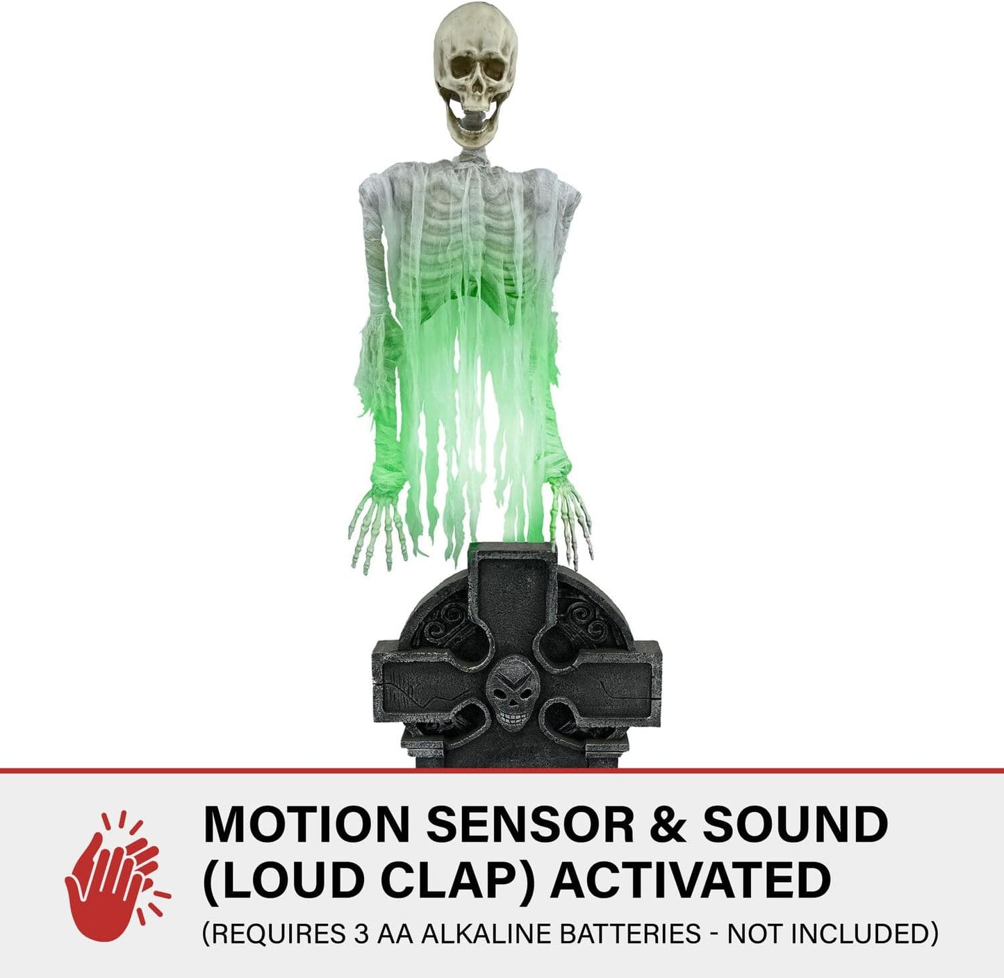 Haunted Hill Farm Motion Activated Floating Skeleton Ghost Over Tombstone by Tekky, Battery Operated Halloween Animatronic for Indoor or Covered Outdoor Creepy Halloween Decorations, Halloween Props