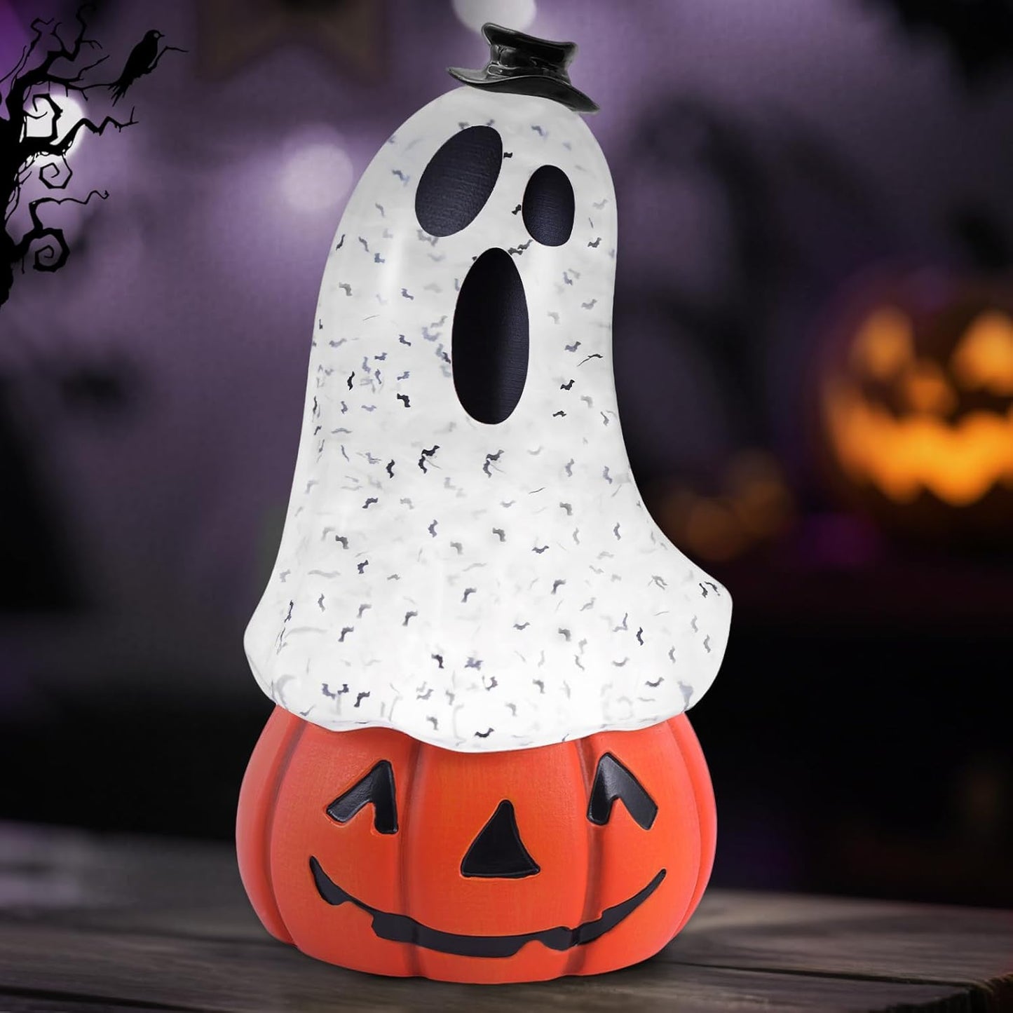 Halloween Snow Globe Lantern Spooky Glost and Pumpkin Halloween Snow Globes Musical Water Glitter Globe with 6H Timer Battery Operated or USB Powered for Spooky Home Decorations (Ghost and Pumpkin)