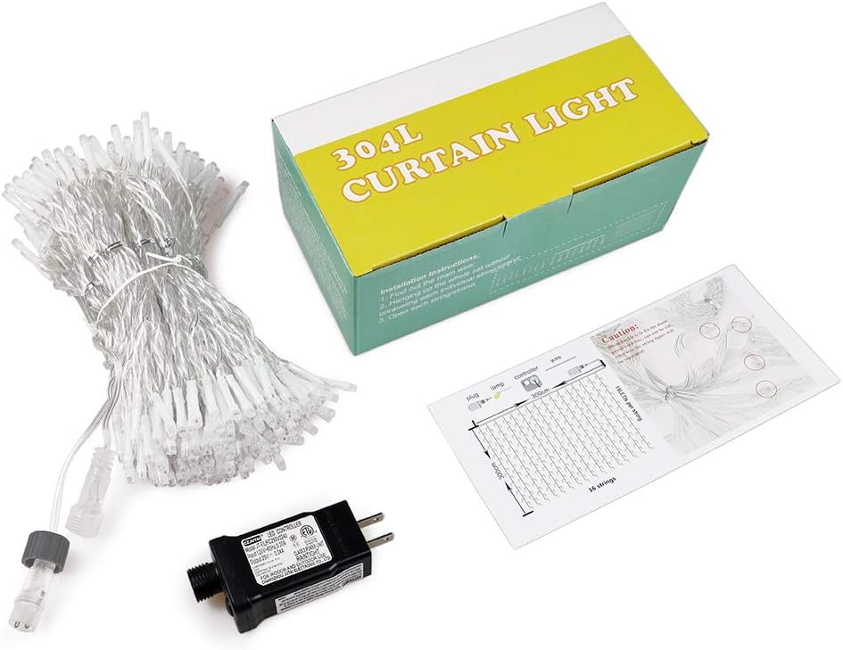 HEYFUNi Fiee Curtain Lights,304L 9.8ftX9.8ft 30V 8Modes Safety Window Lights with Memory for Home Wedding Christmas Party Patio Lawn Garden Bedroom Outdoor Indoor Wall Decorations (304LED, Green)