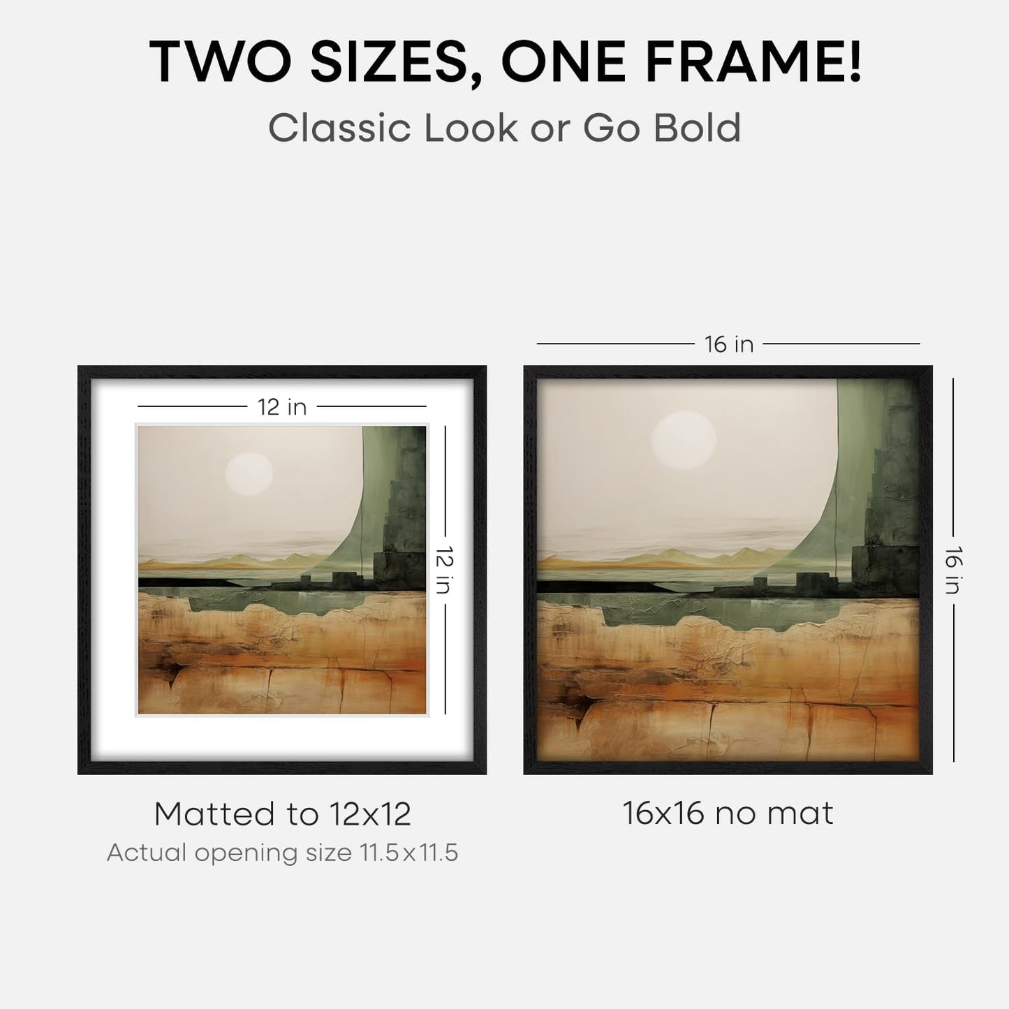 Homeforia 16x16 Black Wood Frame, High End Oak 16 x 16 Square Picture Frames with Mat 12 by 12 inches Photo, 16by16 Black Wooden Poster Frames Matted to 12x12 Print, Tempered Glass, Wall Kit, Set of 1