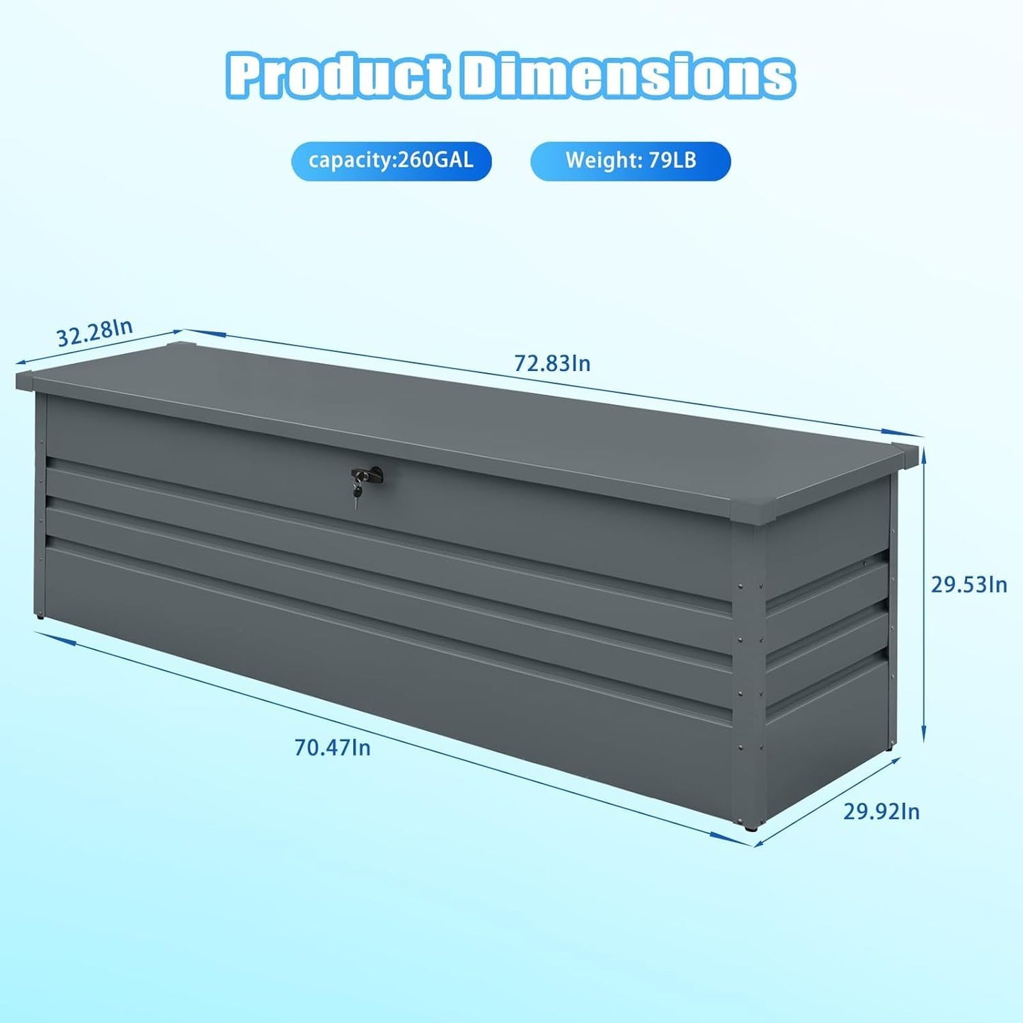 260 Gallon Metal Outdoor Storage Box Waterproof, Extra Large Deck Box and Patio Cushion Box for Storing Gardening Tools, Pool Supplies