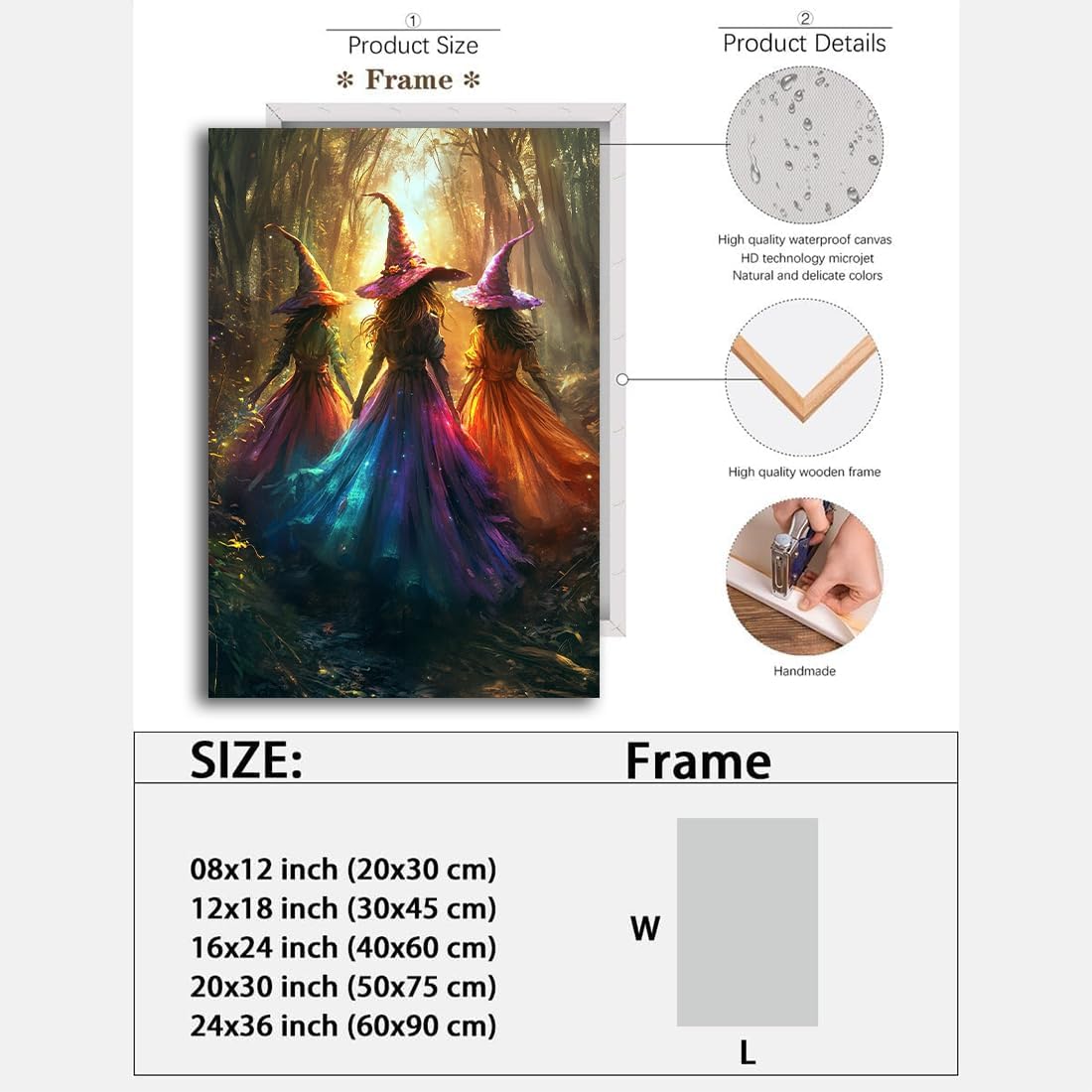 Halloween Room Decor Wall Art Colorful Witch Prints,Vintage Three Colorful Witches in Forest Halloween Posters,Fall Fantasy Aesthetic Pictures Playful Art Wall Decor for Bedroom,16"x24" Framed