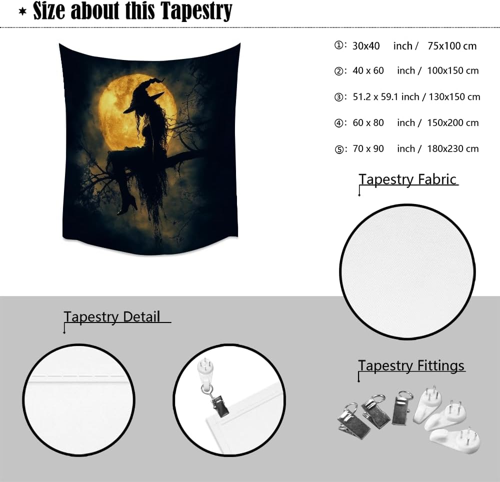 Halloween Witch Tapestry Wall Art Witchcore Moon Aesthetic Print Dark Academia Gothic Tapestries Wall Hanging Horror Ghost Halloween Party Decor for Home Living Room Bedroom 30x40inch