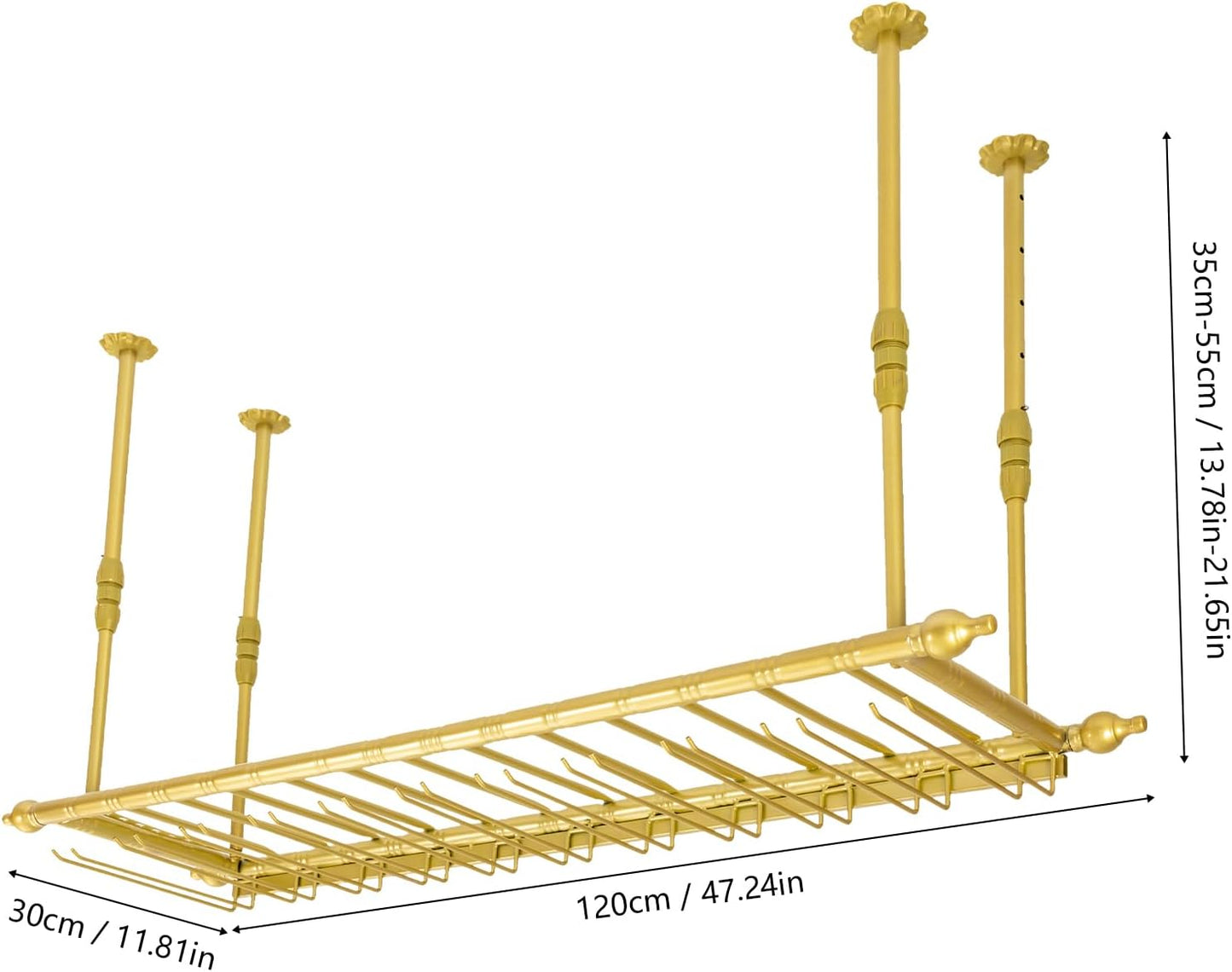 Hanging Wine Rack 47" Wall Mounted Wine Glass Rack Ceiling Adjustable Hanging Bar Glass Holder Shelves for Kitchen Bar Restaurants Industrial Iron Storage Shelf
