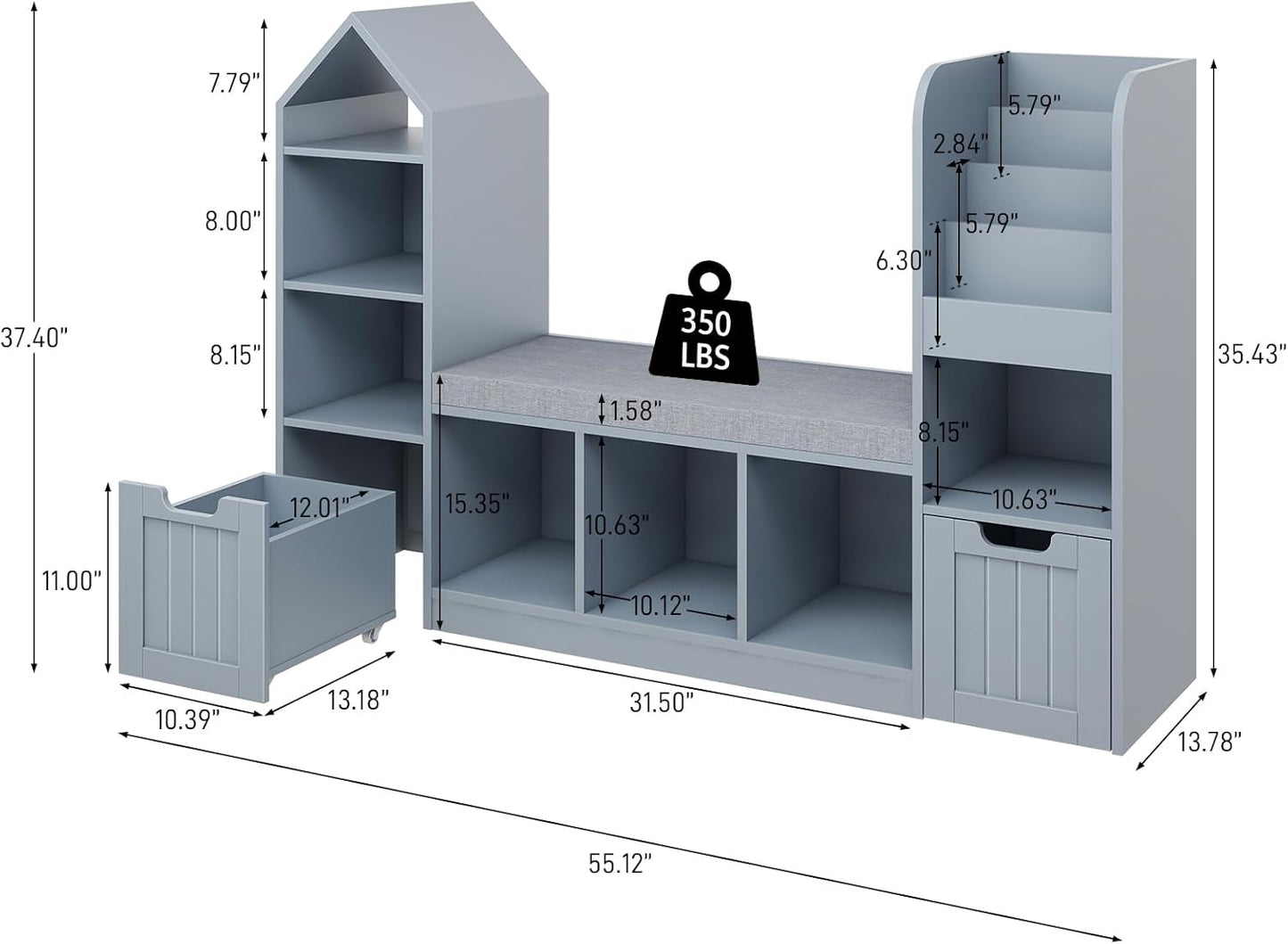 Vabches Toy Storage Organizer for Kids Bookshelf with Reading Nook, Multifunctional Bookcase with 7 Storage Cubbies, 2 Movable Drawers and Seat Cushion for Keeping Kids' Toys Books Organized, Grey