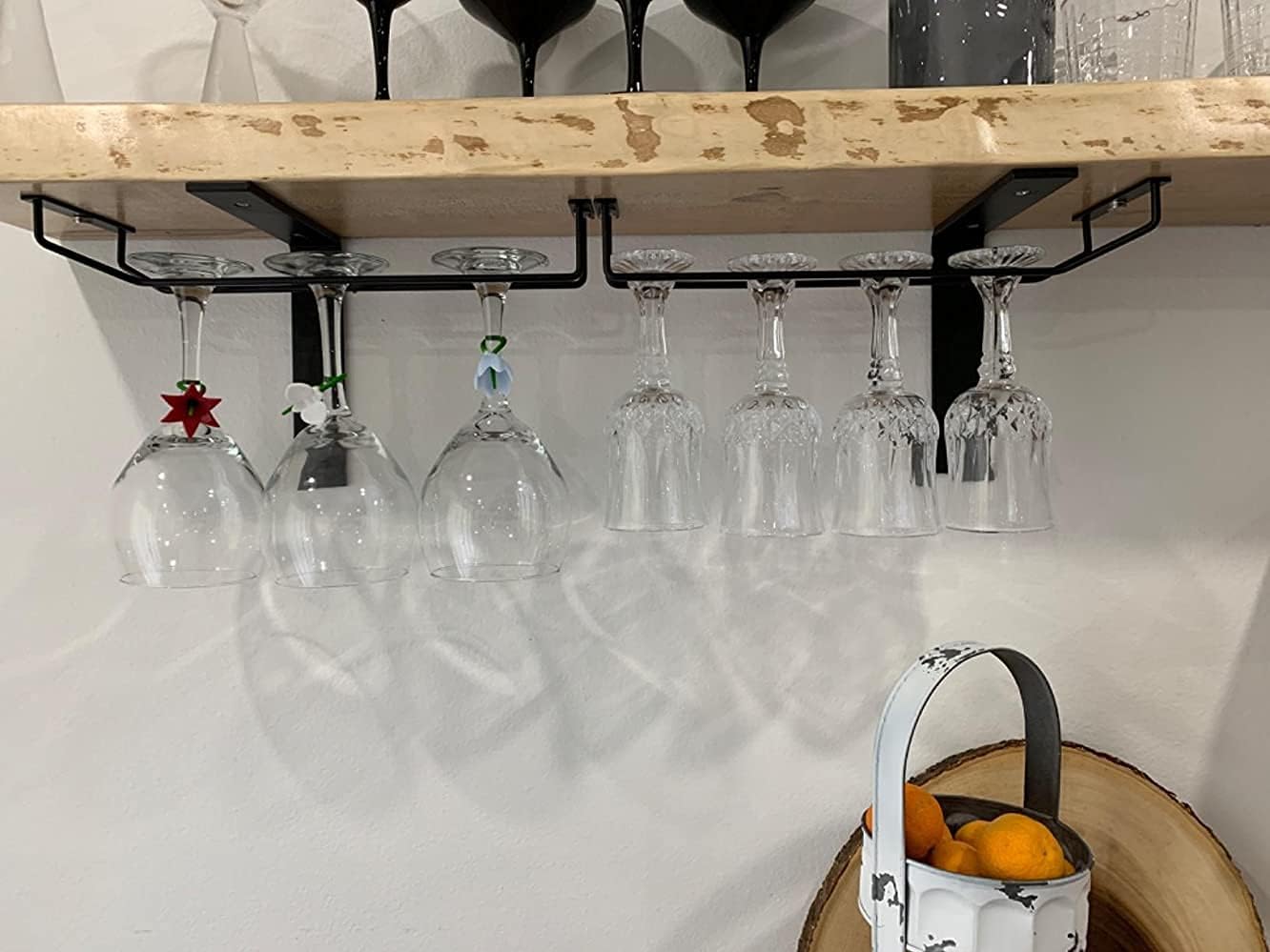 14-Inch Black Wine Glass Rack, Under Cabinet Wine Glass Holder Stainless Steel Stemware Rack - Hanging Stemware Holder for Cabinet Kitchen Bar, Set of 4