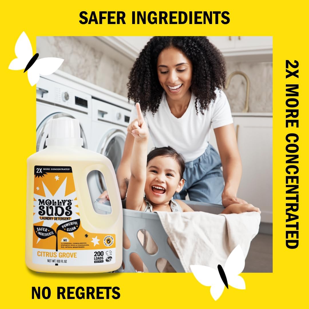 Molly's Suds Liquid Laundry Detergent | Clean Laundry Detergent Soap for Sensitive Skin | 2x Concentrated, High Efficiency (HE) | Citrus Grove - 100 Loads