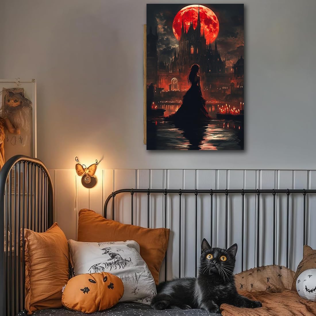 Halloween Witch Poster Canvas Prints Art Vintage Decor,Red Castle Blood Moon and Witch Scene Gothic Painting,Rustic Dark Academia Wall Art for Bathroom Spooky Living Room Wall Decor,12"x18" Framed