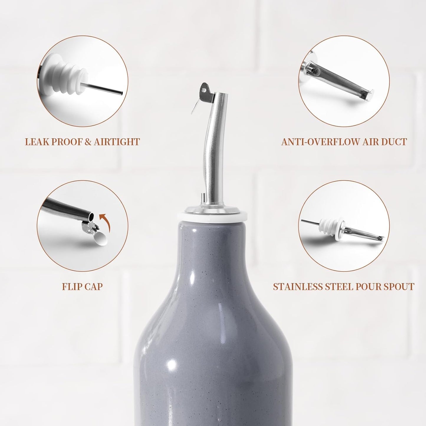 famiware Milkyway 16oz Ceramic Olive Oil Dispenser Bottle, Olive Oil and Vinegar Dispenser Bottle Set of 2 with Stainless Steel Pourers, Suitable for Storage Vinegar, Liquids, Dark Gray