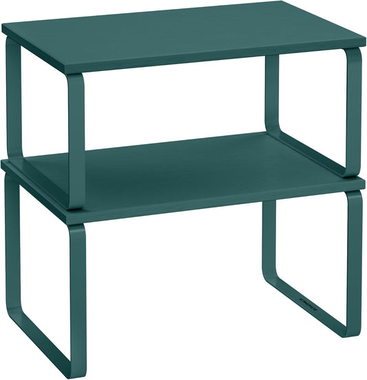 SONGMICS Cabinet Organizer Shelf, Set of 2 Kitchen Counter Shelves, Kitchen Storage, Spice Rack, Stackable, Expandable, Metal and Engineered Wood, Marrs Green UKCS002C02