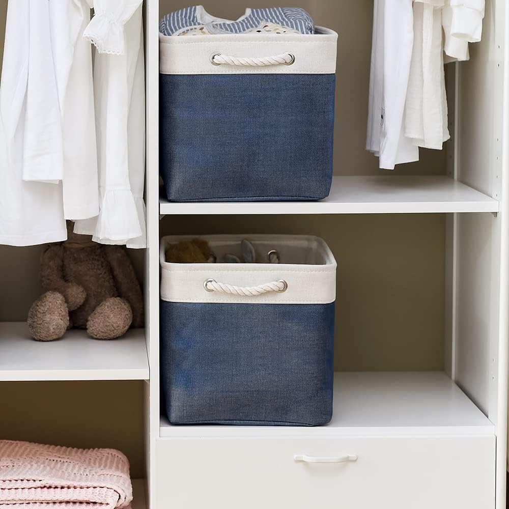 TcaFmac Organization and Storage Basket for Gifts Empty - 16x12x12 inch Large 2 Pack Collapsible Storage Bins for Shelves, Fabric Storage Cubes for Organizing Cloth Toy Kids (White & Jean Blue)