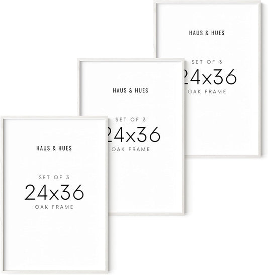 HAUS AND HUES White Poster Frames 24 X 36 Inches - Set of 3 Large Picture 24x36, Frame Sets for Wall Collage 24x36 Wood, Gallery 24x36 (White Oak Frame) 24x36 in