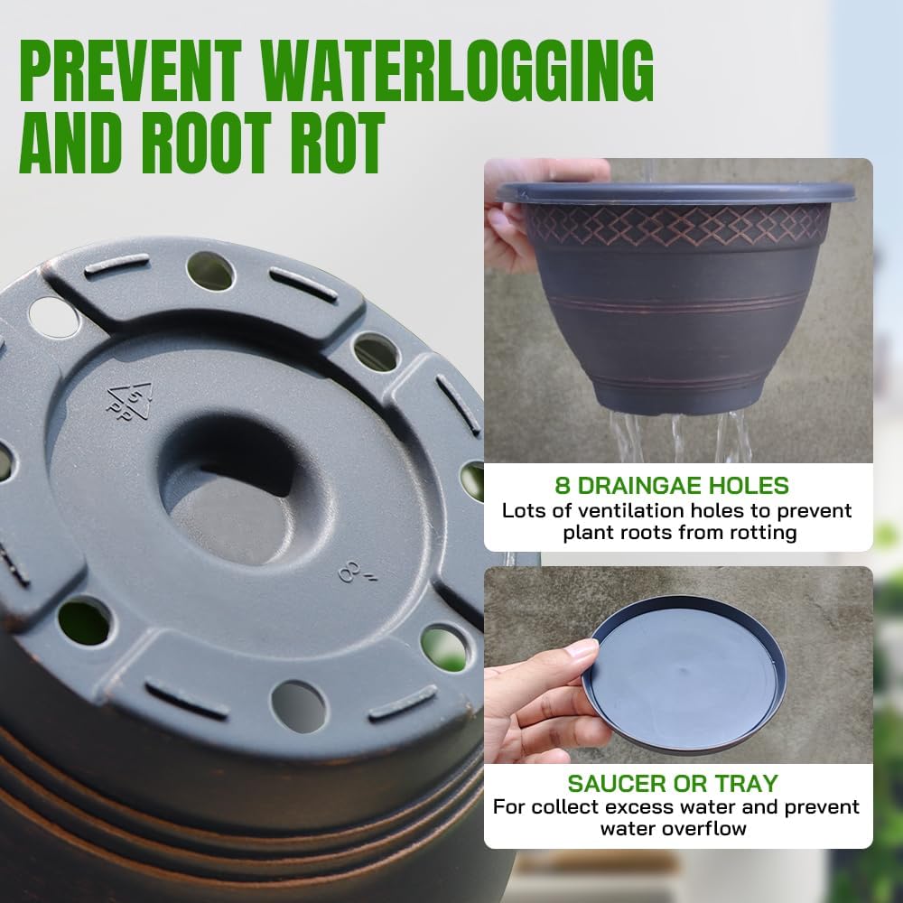 10 Inch 4 Pack Large Plant Pots, Plastic Flower Pot for Indoor & Outdoor with Drainage Holes & Saucer, Plaid Pattern Planters Garden Pots for Herbs