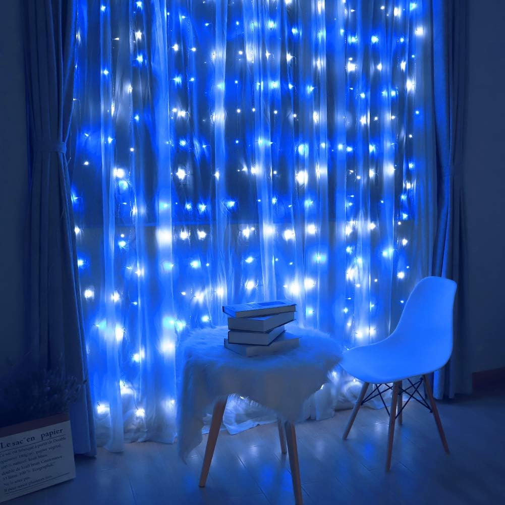 HEYFUNi Fiee Curtain Lights,304L 9.8ftX9.8ft 30V 8Modes Safety Window Lights for Home Wedding Christmas Party Patio Lawn Garden Bedroom Outdoor Indoor Wall Decorations (304LED, Blue+White)