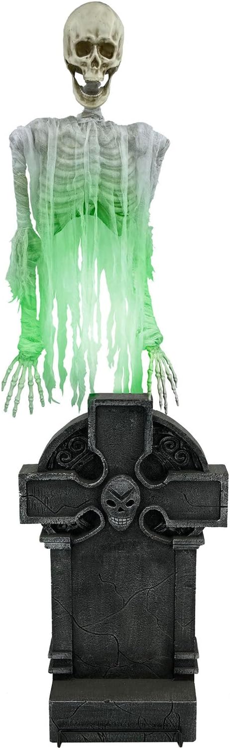 Haunted Hill Farm Motion Activated Floating Skeleton Ghost Over Tombstone by Tekky, Battery Operated Halloween Animatronic for Indoor or Covered Outdoor Creepy Halloween Decorations, Halloween Props
