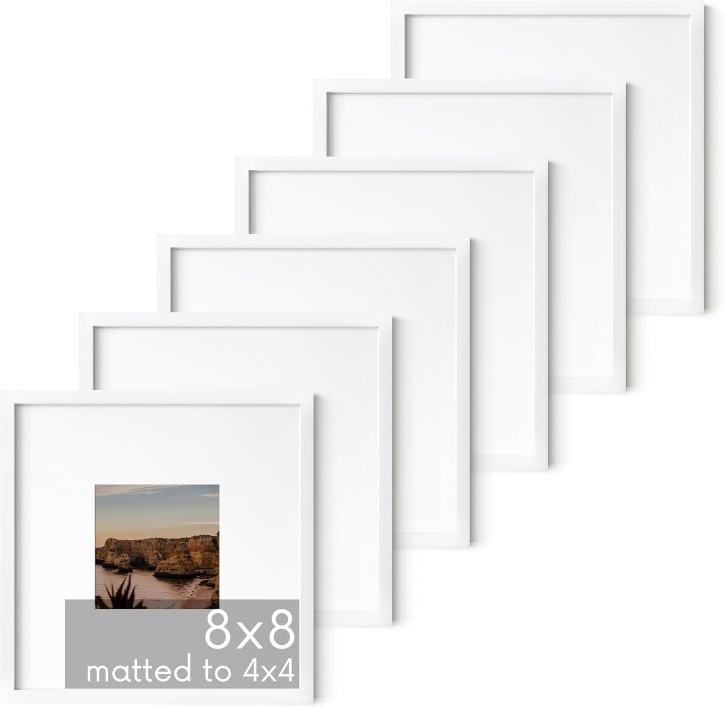 HAUS AND HUES 8x8 White Metal Picture Frames Matted to 4x4 - Features Premium Aluminum, Shatterproof Plexiglass - Ideal for Home, Room, Office (8x8 in, White, Set of 6)
