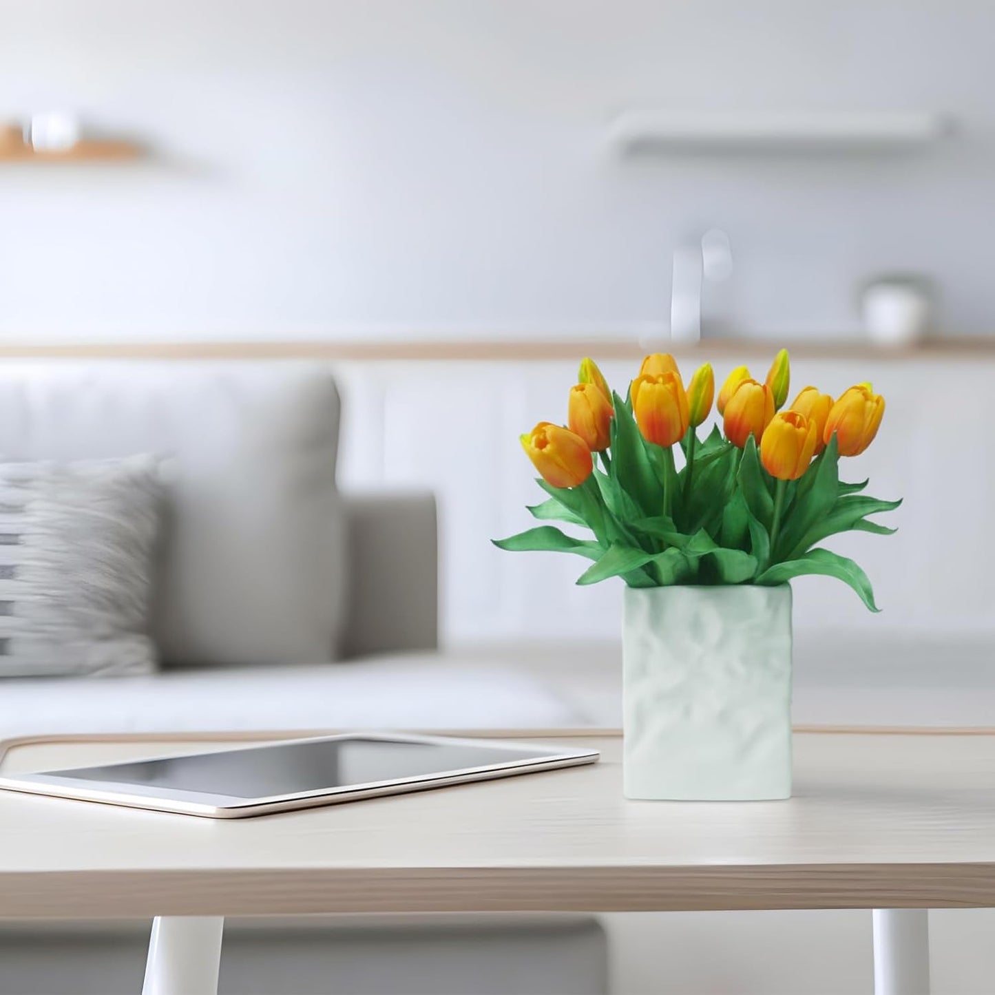 15pcs Artificial Tulips Flowers, Fake Tulips Real Touch, Faux Latex Bouquets, for Party Wedding Home Room Decoration (Orange)