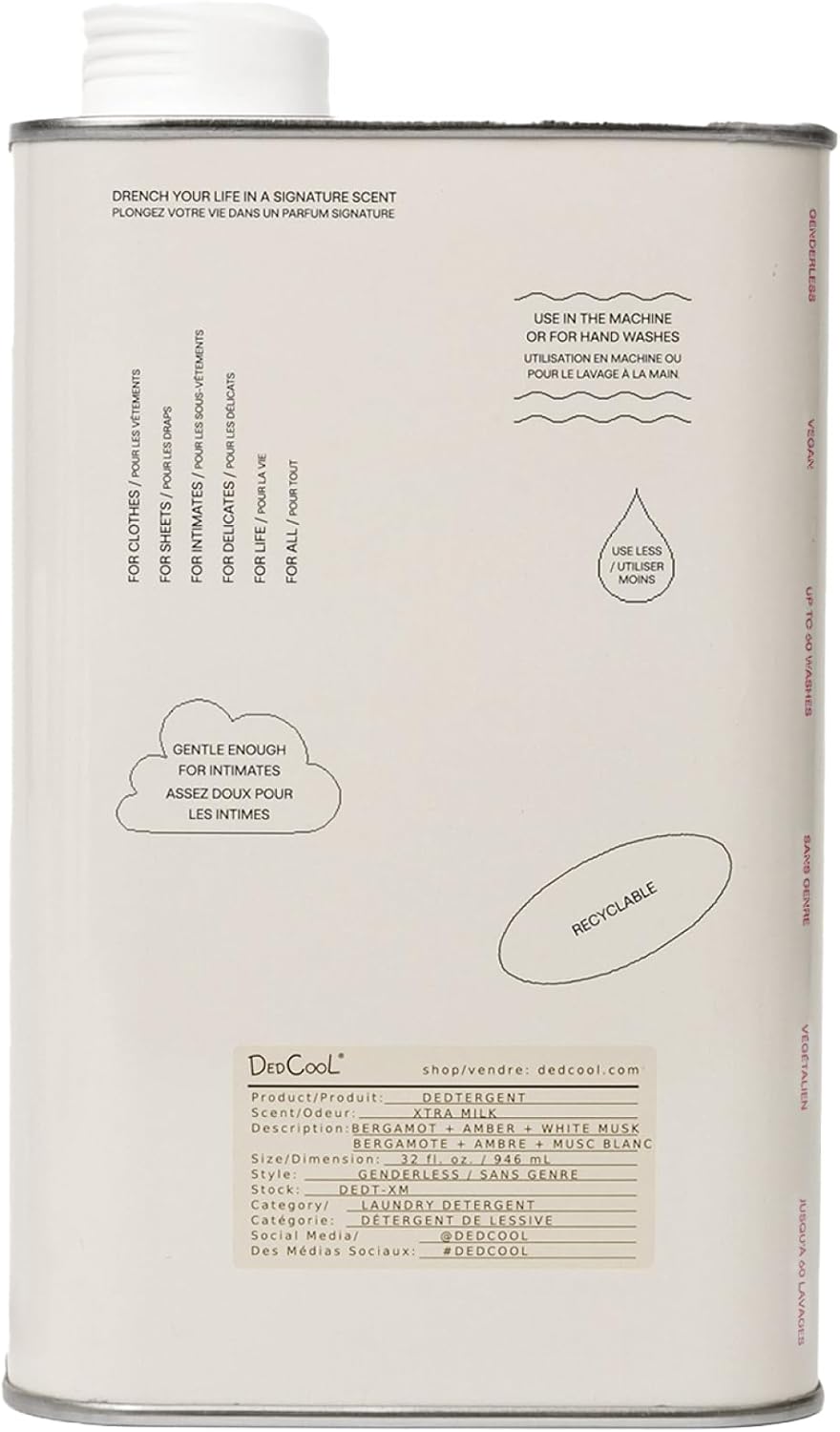 DedCool Liquid Laundry Dedtergent (Xtra Milk, 32 fl oz), Luxurious Fragrance, Scented, Removes Stains, Ideal for 60 Washes, Infused with Natural Essential Oils, Vegan, Non-Toxic, Cruelty & Dye Free