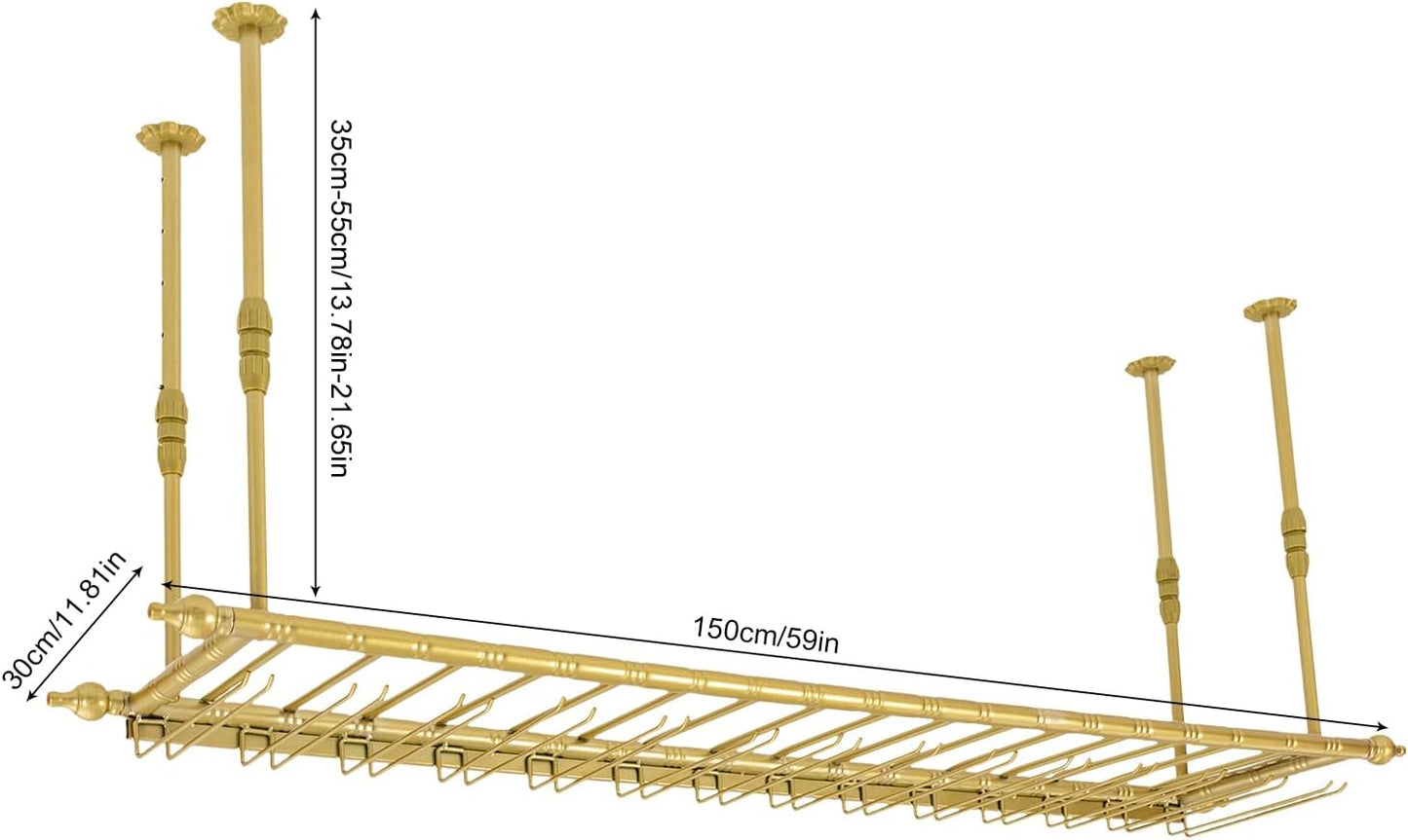 Hanging Wine Rack 59" Wall Mounted Wine Glass Rack Ceiling Adjustable Hanging Bar Glass Holder Shelves for Kitchen Bar Restaurants Industrial Iron Storage Shelf