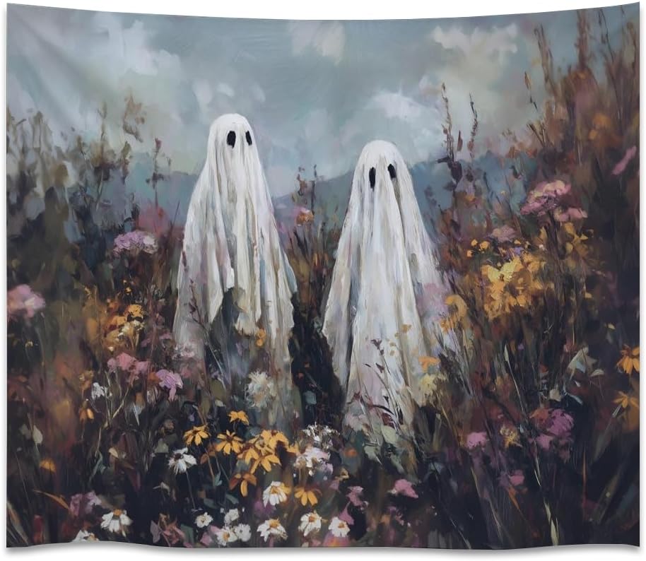 Halloween Ghosts in Wildflowers Tapestry Wall Hanging Spooky Cute Ghost Floral Tapestries Victoria Moody Artwork Aesthetic Print for Goth Living Room Bedroom wall Decor 60x80inch