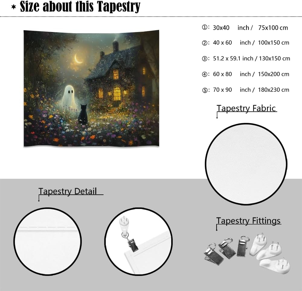 Halloween Black Cat and Ghost Tapestry Wall Hanging for Spooky Cute Bedroom Decor Dark Academia Moon Wildflower Cottage Tapestries Aesthetic for Home Living Room Decoration 60x80inch