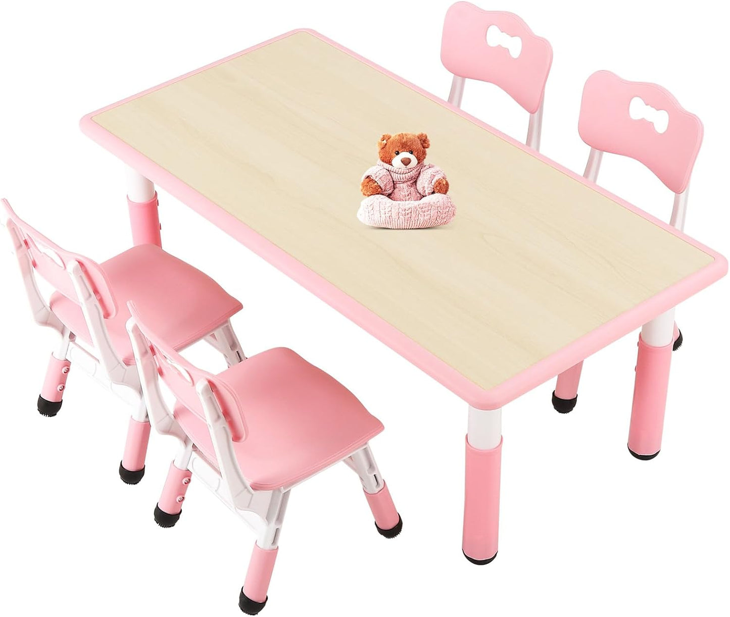 FUNLIO Kids Table and 4 Chairs Set for Ages 3-8, Height Adjustable Toddler Table and Chair Set, Easy to Wipe Arts & Crafts Table, for Classrooms/Daycares/Homes, CPC & CE Approved (5 pcs Set) - Pink