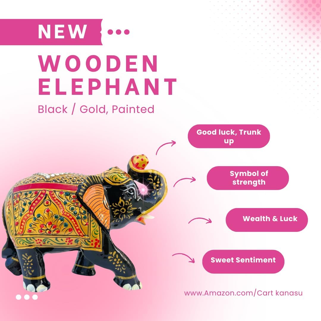 Handcrafted Wooden Elephant Figurine – Traditional Artwork, Gold & Gemstone Embellishments – Lucky Decorative Elephant Statue for Prosperity | Beautiful Elefantes Decorativos para Sala (Black & Gold)