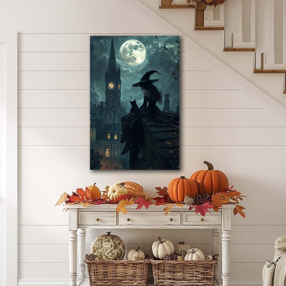Halloween Witch Black Cat Wall Art,Magical Moon Witch on Roof with Black Cat at Night Scene Painting Haunting Dark Witches Canvas Print for Haunted House Party Decor Poster,16"x24" Framed