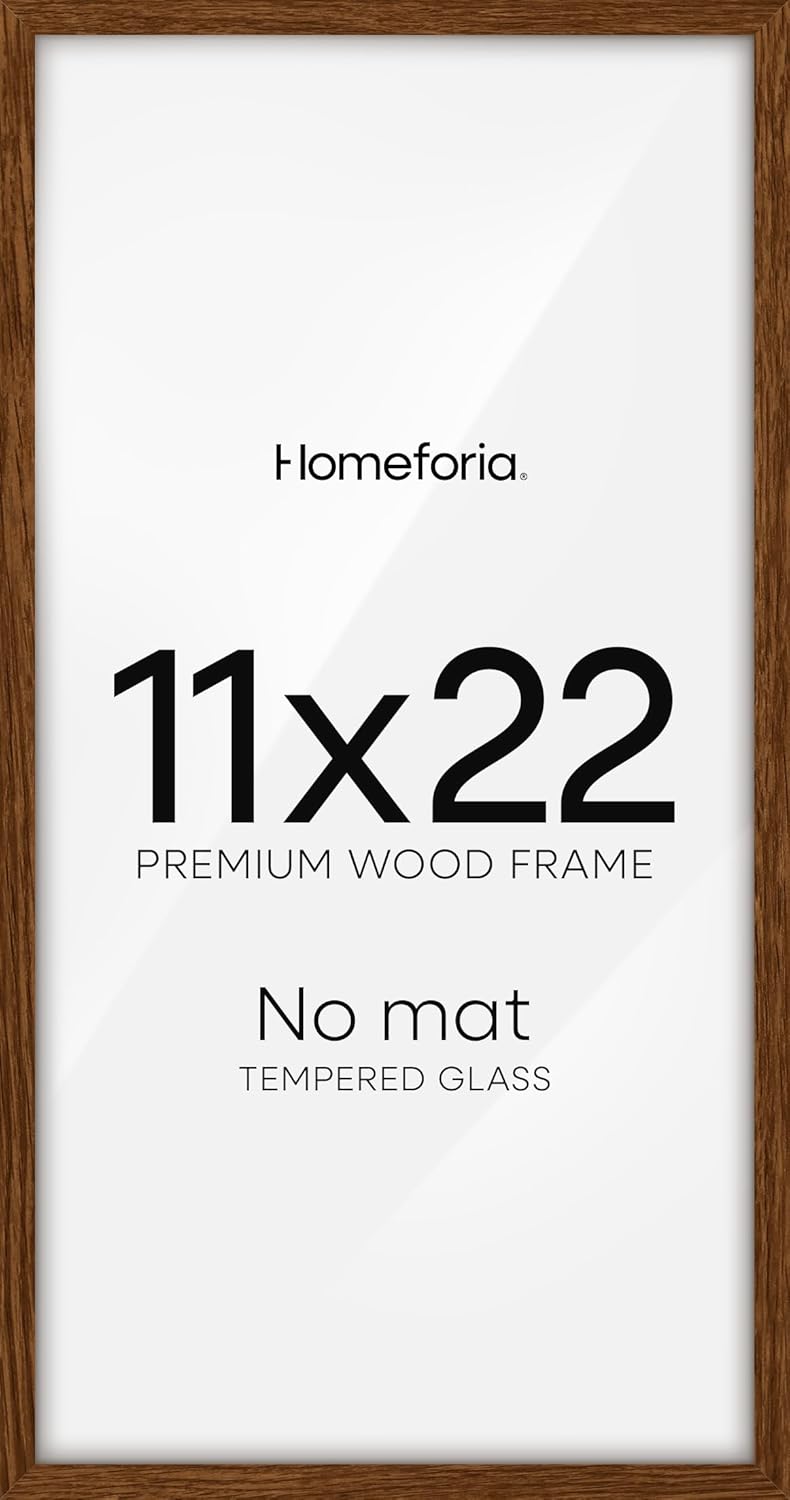Homeforia 11x22 Newspaper Frame Brown, High End Dark Oak 11 x 22 Picture Frame Wood without Mat, 22x11 Wooden Walnut Poster Frames for Wall, 11 by 22 Display Frames, Tempered Glass, Wall Kit, Set of 1
