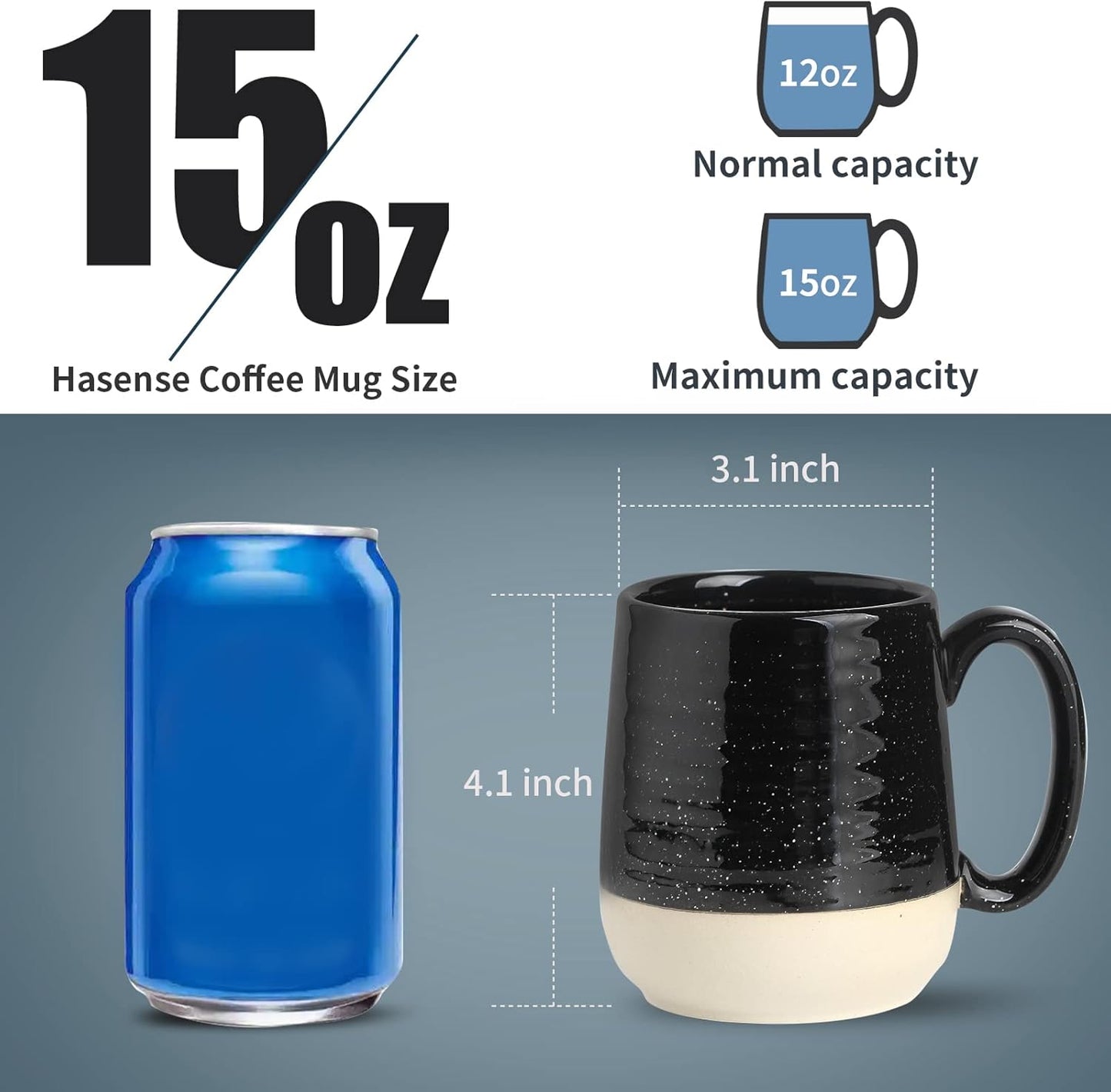 Hasense Coffee Mugs Set of 4, 15 Ounce Ceramic Coffee Cups with Handles, Porcelain Large Latte Mug for Coffee Cappuccino Tea, Black Mugs for Men, Women Christmas Holiday Gift