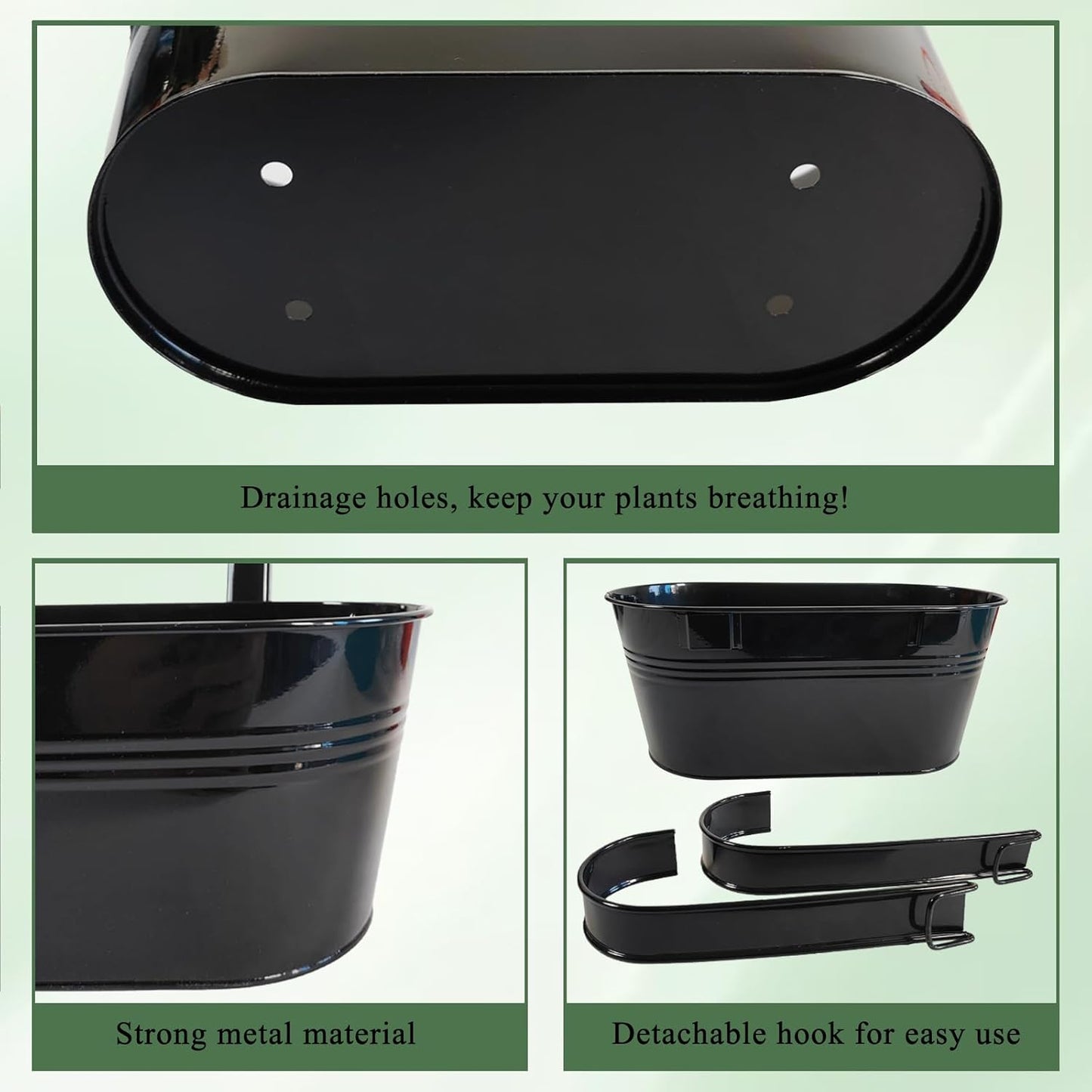 2 Pack Metal Hanging Planter for Outdoor Plants, 10 Inch Black Fence Planters Railing Pots for Garden Patio Balcony Decor, Flower Bucket with Detachable Hooks (Black, 2Pcs)