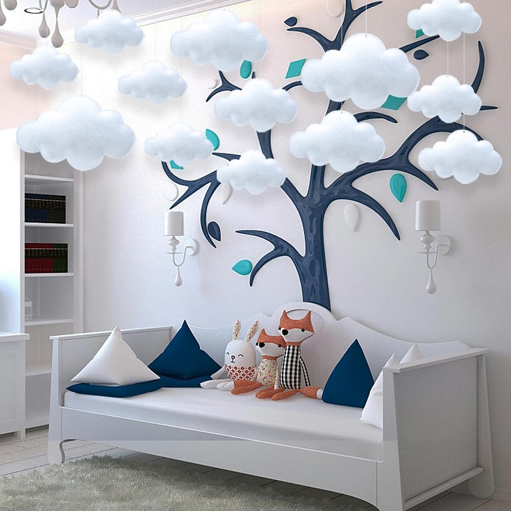 12 Pcs 3D Cloud Decorations Hanging Clouds for Room Ceiling Decor Clounds Decorations Felt Fake Cloud Ornaments Cloud Props for Art Stage Wedding Nursery Children Room Themed Party Baby Shower
