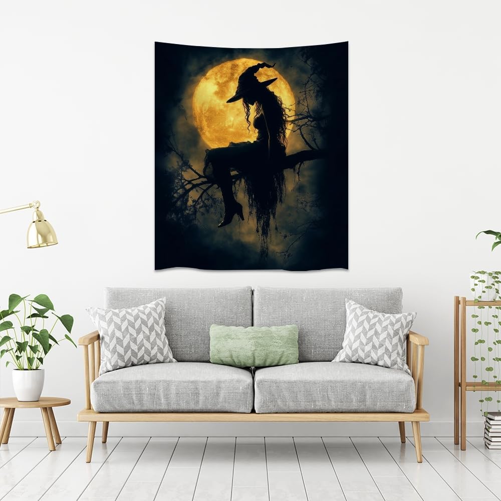 Halloween Witch Tapestry Wall Art Witchcore Moon Aesthetic Print Dark Academia Gothic Tapestries Wall Hanging Horror Ghost Halloween Party Decor for Home Living Room Bedroom 60x80inch