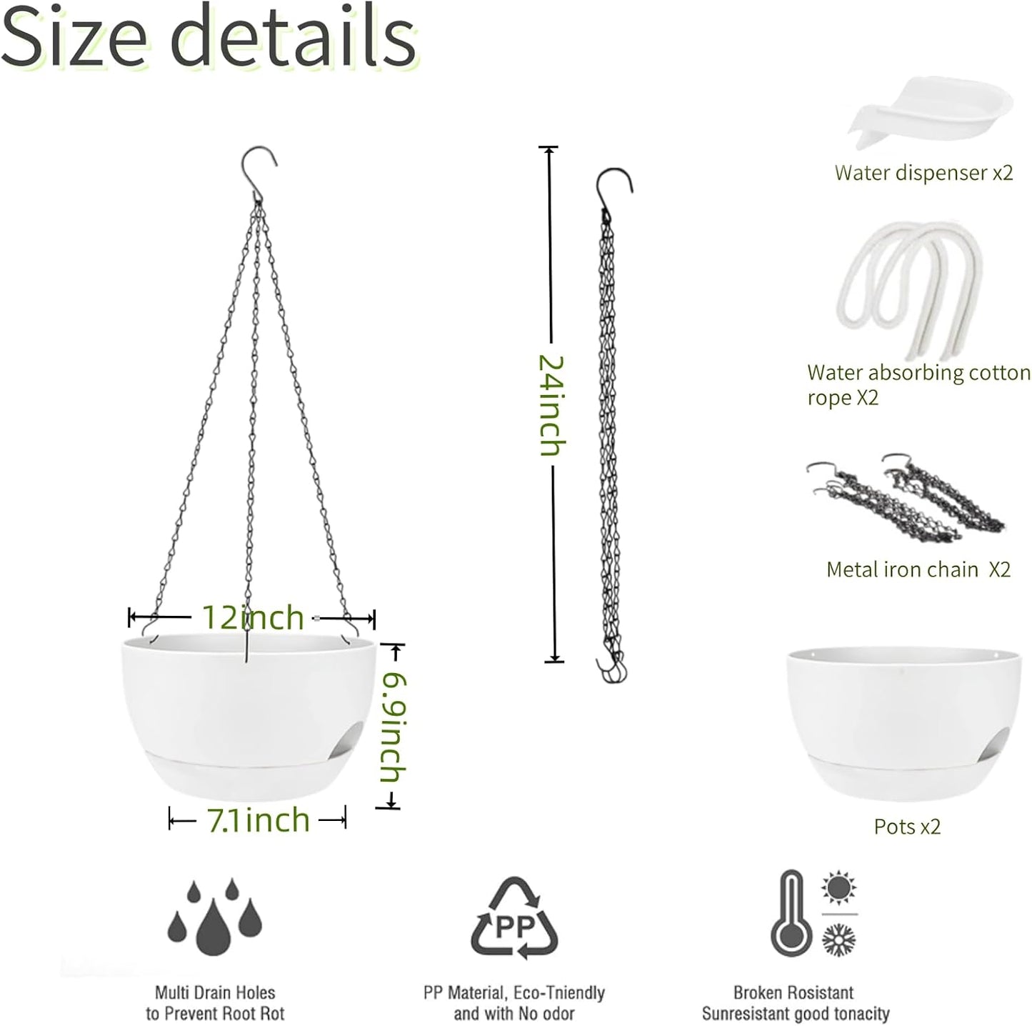 2 Pack Hanging Planters for Indoor Outdoor Plants, 8 Inch Self Watering Hanging Pot with Drainage Holes and Saucer, Plastic Plant Pots, White Flower Pots for Kitchen, Balcony, Garden