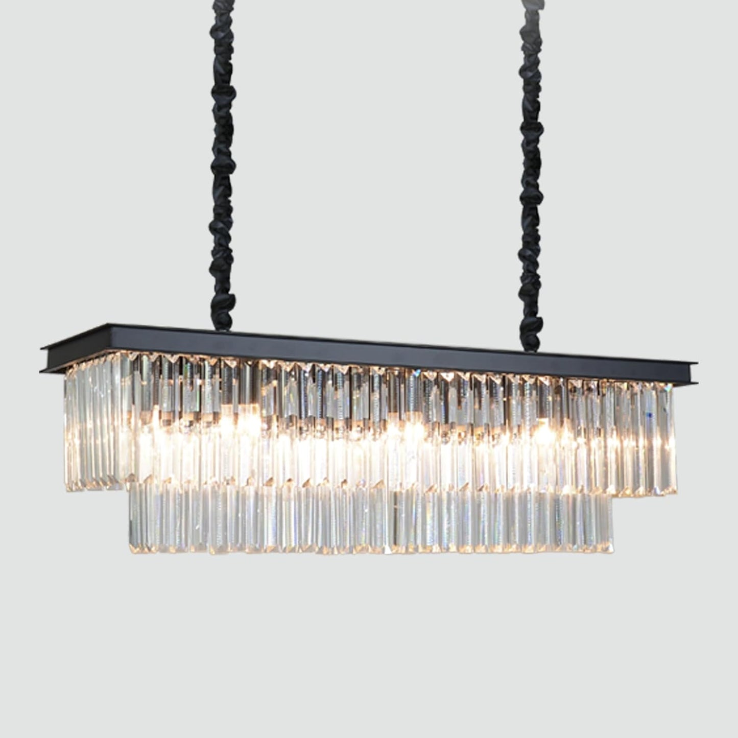 12-Lights Modern Rectangular Crystal Chandeliers Rectangle Contemporary Linear Pendant Ceiling Light Fixture for Kitchen Island Dining Room Bar, Black 47 Inch