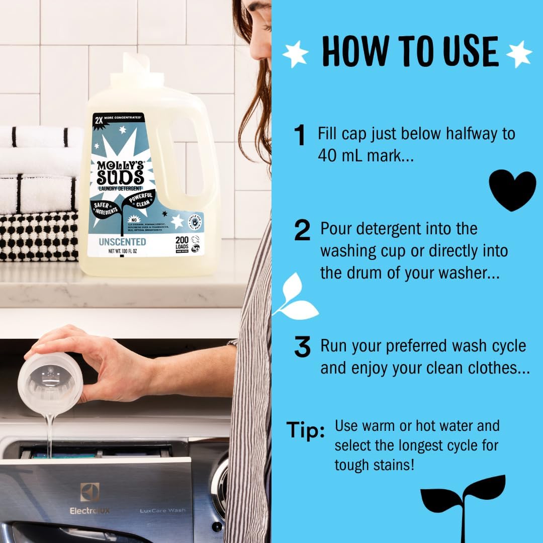 Molly's Suds Liquid Laundry Detergent | Clean Laundry Detergent Soap for Sensitive Skin | 2x Concentrated, High Efficiency (HE) | Peppermint - 100 Loads