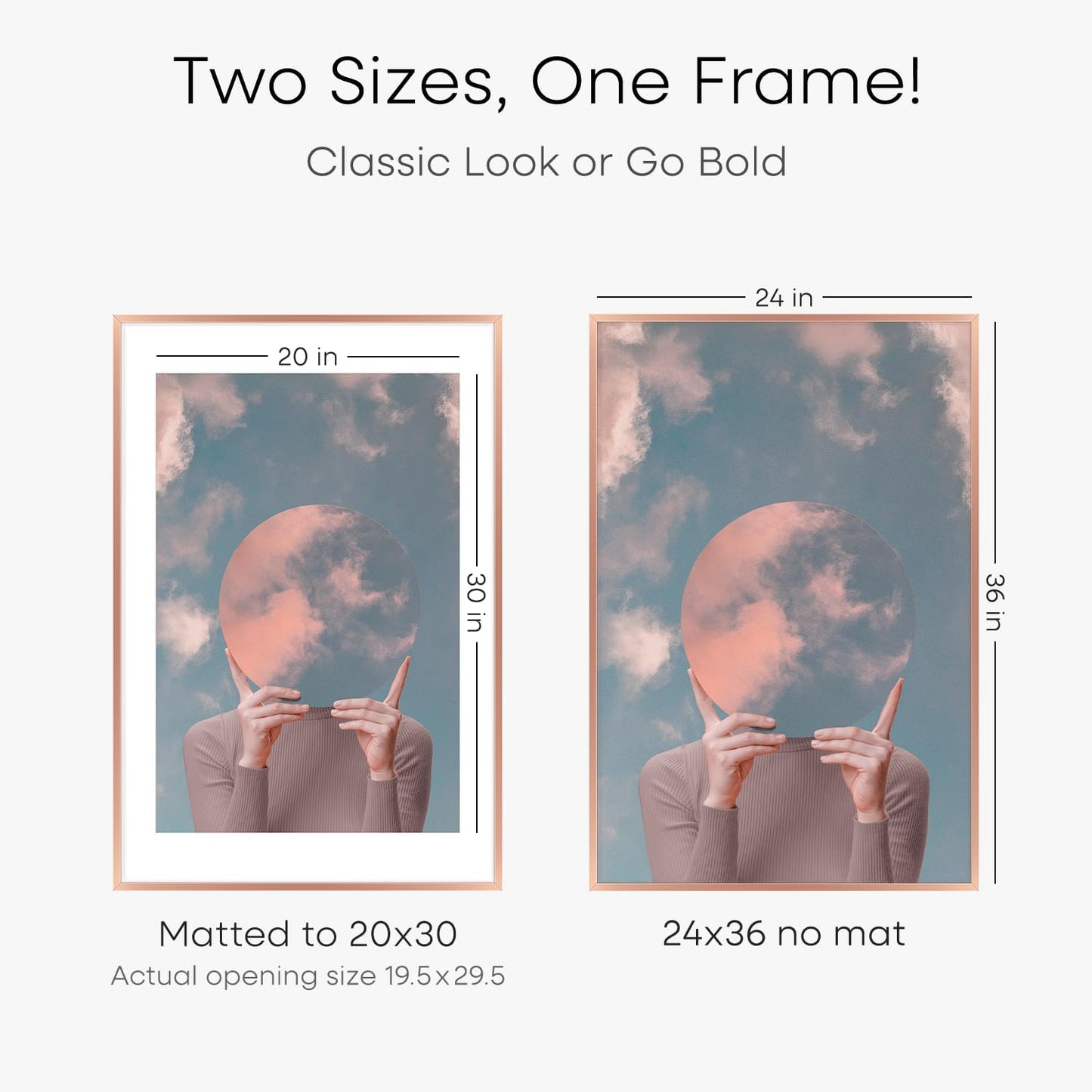 Homeforia 24 x 36 Poster Frame Rose Gold, Premium 24x36 Puzzle Frame Metal Matted to 20x30 Photo, 36 x 24 Picture Frame with Mat for 20 x 30 Photo, Tempered Glass, Wall Hook Included, Set of 1